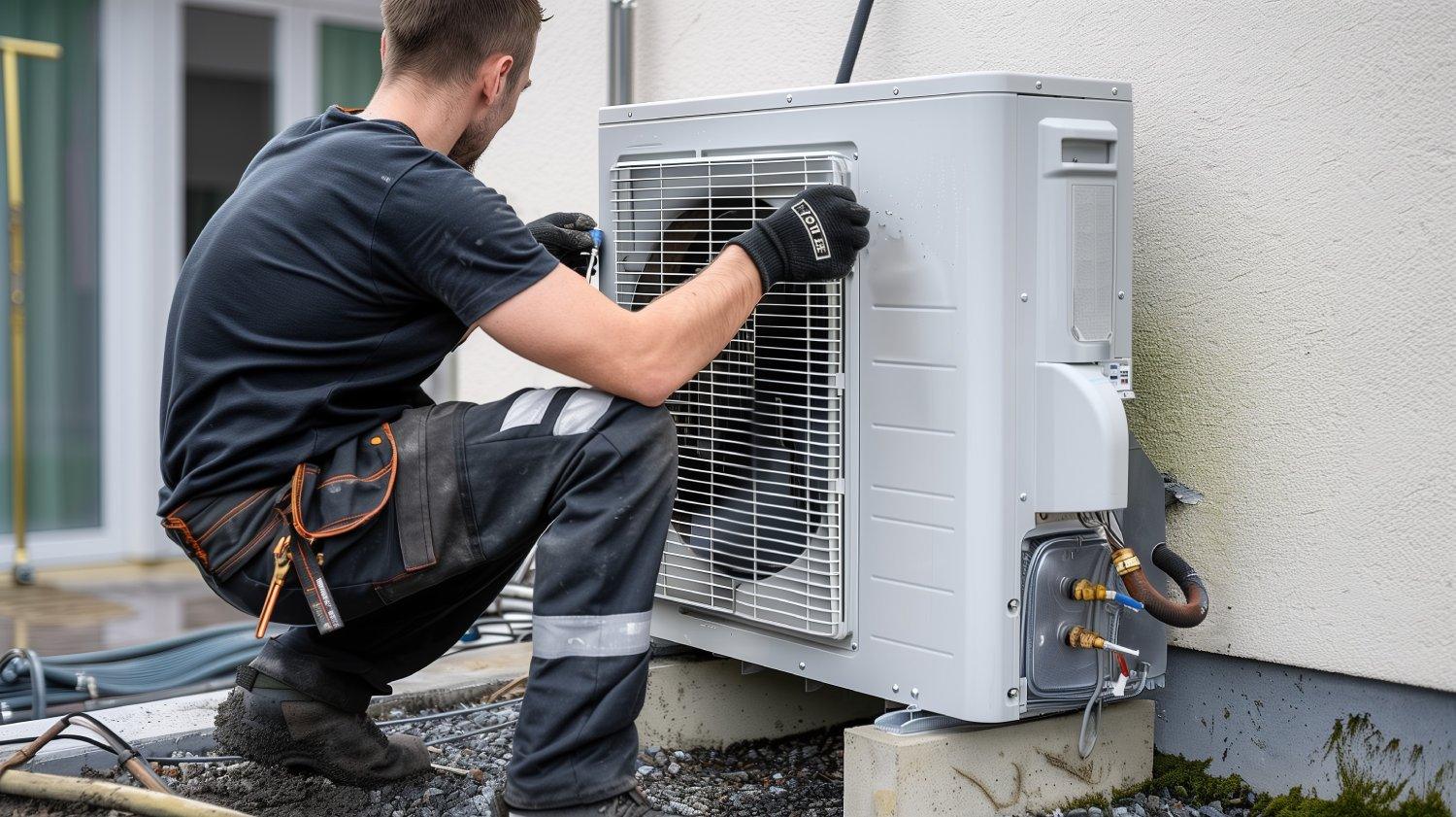 male Engineer worker installing an air source heat pump unit outdoors at a house in Europe, warmte pomp, translation air source heat pump, airco for warming and cooling, male Engineer worker installing an air source heat pump unit outdoors at a house in Europe, warmte pomp, translation air source heat pump, airco for warming and cooling,